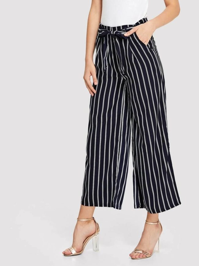 Vertical Striped Self Tie Wide Leg Pants