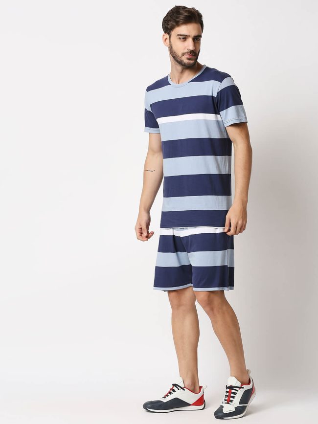 The Manaca Men Stripe Tee with Shorts - Navy, Green Stripe