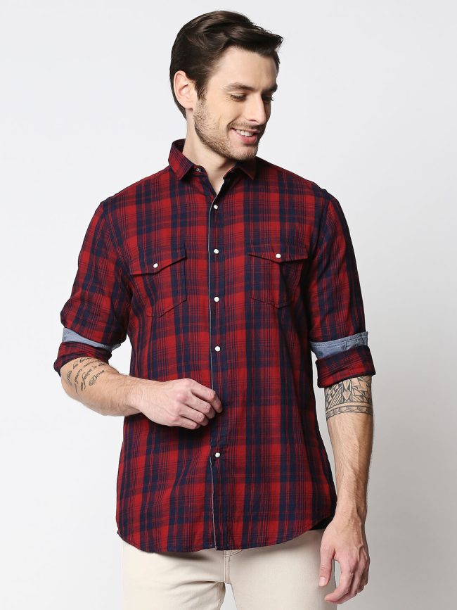 The Manaca Checkered Casual Full Sleeves Shirt-Red Black Checks