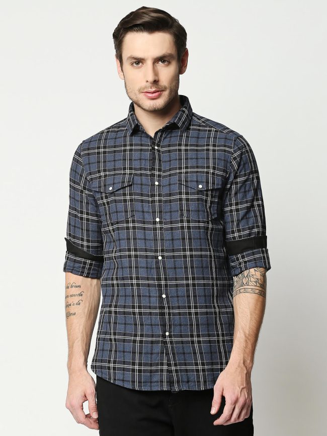 The Manaca Checkered Casual Full Sleeves Shirt-Blue Navy Checks