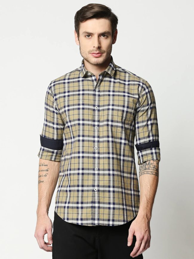 The Manaca Checkered Casual Full Sleeves Shirt-Khaki Checks