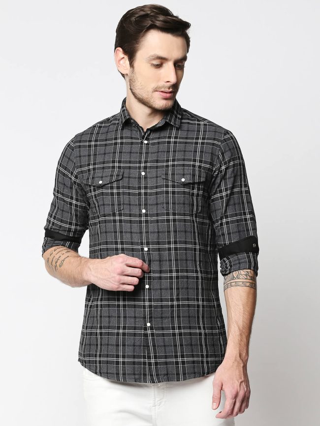 The Manaca Checkered Casual Full Sleeves Shirt - Grey Black Checks